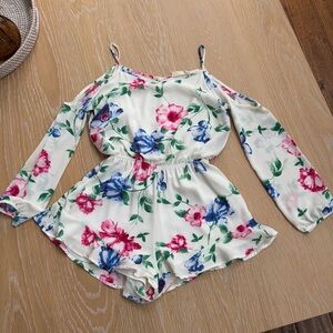 Pink Lily Floral Off-Shoulder Romper - Cream, Pink, Blue
